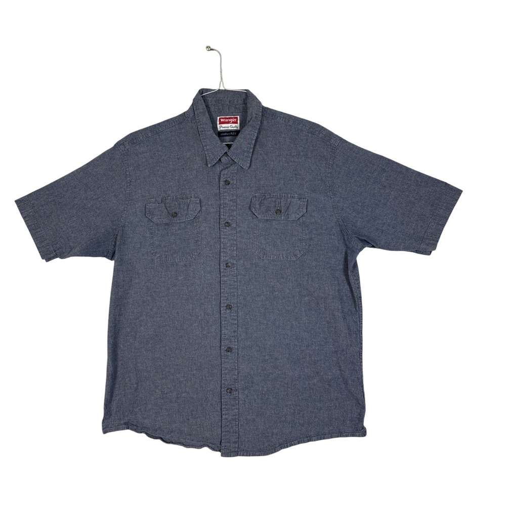 Wrangler Mens Comfort Flex Shirt Blue Short Sleeve Button Down XL HSB5MWN